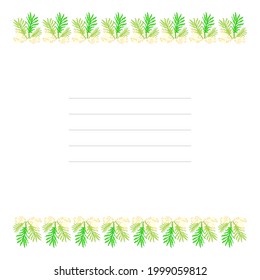 Cute green leaves. Border template with space for text. Design for postcard, banner, poster, packaging, wedding invitation, birthday greeting card. Hand Drawn vector illustration.