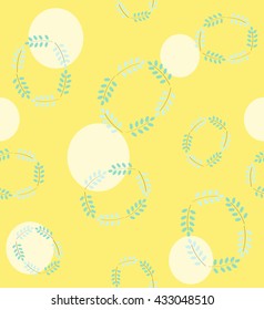 Cute green leaves with cream circle on yellow background pattern seamless backdrop wallpaper. Vector image
