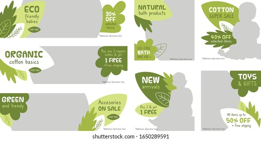 Diseño de hojas verdes para niños/bebés promocionando la moda en medios sociales, sitios web y volantes. Plantilla de diseño gráfico plano. Plantilla Web. Banners web. Diseño del volante.
