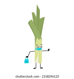 Cute green leek character with face in medical mask and keep distance, hands with shopping bag and stop gesture. Vegetable with care expression and posture, rich in vitamins. Vector flat illustration