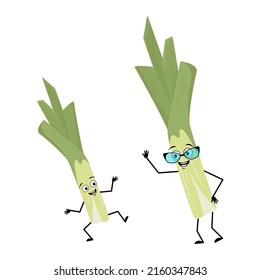 Cute green leek character with glasses and grandchild dancing with happy emotion, smile eyes, arms and legs. Healthy vegetable with expression and posture, rich in vitamins. Vector flat illustration