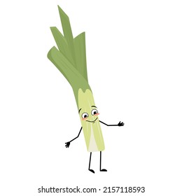 Cute green leek character with joyful emotions, happy face, smile eyes, arms and legs. Healthy vegetable with funny expression and posture, rich in vitamins. Vector flat illustration