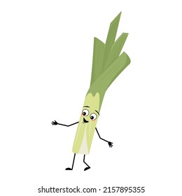 Cute green leek character with joyful emotions, happy face, smile eyes, arms and legs. Healthy vegetable with funny expression and posture, rich in vitamins. Vector flat illustration