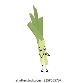 Cute green leek character with love emotions, smile face, arms and legs. Healthy vegetable with funny expression and posture, rich in vitamins. Vector flat illustration