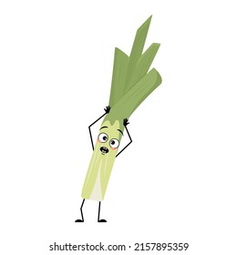 Cute green leek character with panic emotions, surprised face, shocked eyes, arms and legs. Healthy vegetable with scared expression and posture, rich in vitamins. Vector flat illustration