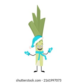 Cute green leek character in Santa hat with happy emotion, face, smile eyes, arms and legs. Healthy vegetable with expression and posture, rich in vitamins. Vector flat illustration