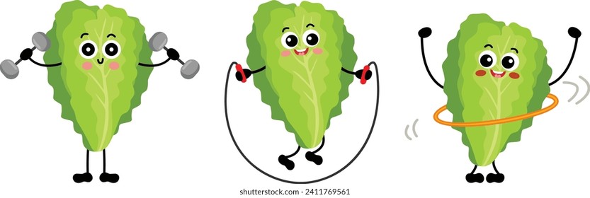 Cute green lettuce mascot set for gym