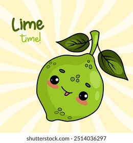Linda lima verde. Tarjeta fresca con el carácter divertido de la fruta kawaii de la historieta. Ilustración vectorial