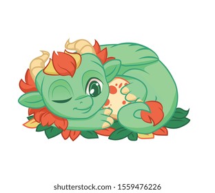 Cute Green Little Dragon, Cheerful Adorable Mythological Animal Character Vector Illustration