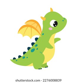 Cute Green Little Dragon with Wings Standing Vector Illustration