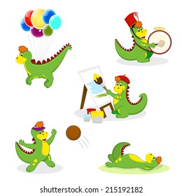 cute green little dragons mascots activities vector