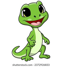 Cute green lizard cartoon on white background