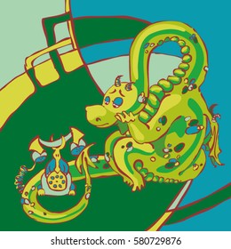 Cute green lonely little dragon sitting near the phone and waiting for a call. Vector hand-drawn cartoon funny character illustration.