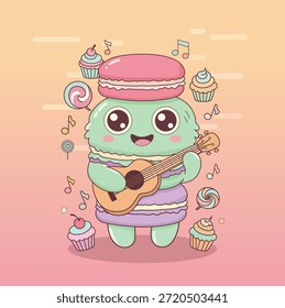 Süße grüne Macaron Monster Charakter spielen Ukulele mit Cupcakes und Lollipops, Kawaii Dessert Illustration.