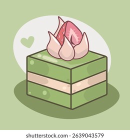 Cute green matcha cake slice with cream and strawberry topping, cartoon style dessert illustration on soft pastel background
