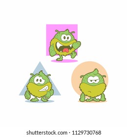 Cute Green monster with 3 level mood, happy, enough, boring