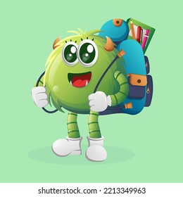 Cute green monster carrying a schoolbag, backpack, back to school. Perfect for kids, small business or e-Commerce, merchandise and sticker, banner promotion, blog or vlog channel
