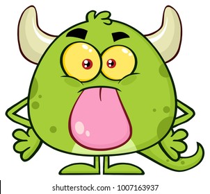 Cute Green Monster Cartoon Emoji Character Sticking Its Tongue Out. Vector Illustration Isolated On White Background