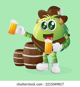 Cute green monster celebrate oktoberfest with holding beer. Perfect for kids, small business or e-Commerce, merchandise and sticker, banner promotion, blog or vlog channel
