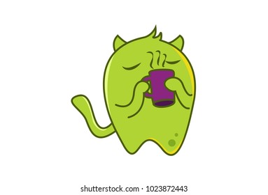 Cute Green Monster Character drinking tea. Vector Illustration. Isolated on white background.