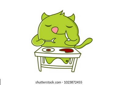 Cute Green Monster Character eating. Vector Illustration. Isolated on white background.