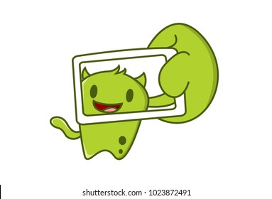 Cute Green Monster Character taking a selfie. Vector Illustration. Isolated on white background.