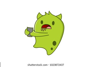 Cute Green Monster Character . Vector Illustration. Isolated on white background.