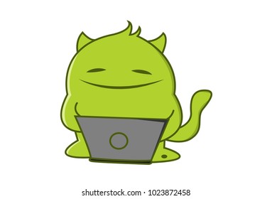 Cute Green Monster Character working on laptop. Vector Illustration. Isolated on white background.