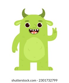Cute green monster. Cheerful demon or devil with horns. Toy or mascot. Halloween symbol, fictional scary character. Fear and horror. Cartoon flat vector illustration isolated on white background