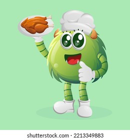 Cute green monster, chef serving food. Perfect for kids, small business or e-Commerce, merchandise and sticker, banner promotion, blog or vlog channel
