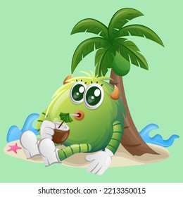 Cute green monster drink coconut water under palm tree in the summer. Perfect for kids, small business or e-Commerce, merchandise and sticker, banner promotion, blog or vlog channel

