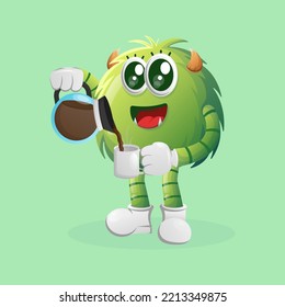 Cute green monster drinking coffee, coffee time. Perfect for kids, small business or e-Commerce, merchandise and sticker, banner promotion, blog or vlog channel
