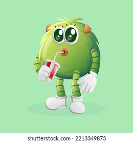Cute green monster drinking soda, cola. Perfect for kids, small business or e-Commerce, merchandise and sticker, banner promotion, blog or vlog channel
