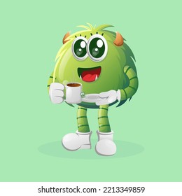 Cute Green Monster Drinking Tea, Tea Time. Perfect For Kids, Small Business Or E-Commerce, Merchandise And Sticker, Banner Promotion, Blog Or Vlog Channel
