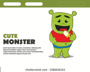 
cute green monster eating ice cream Cute cartoon devil vector illustration 