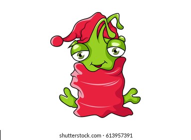 Cute Green Monster feeling Cold. Vector Illustration. Isolated on white background.