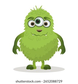 Cute green monster with fluffy fur and three eyes smiling widely in this charming vector illustration. Perfect for children s designs, animations, and themed projects.