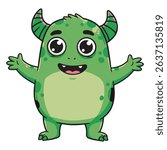 Cute Green Monster, Friendly Cartoon Creature, Happy Little Monster, Adorable Fantasy Character, Simple Green Beast Illustration