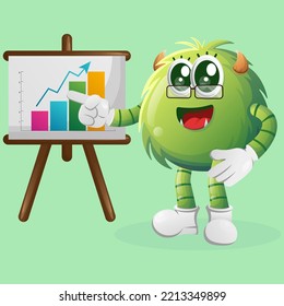 Cute green monster gives report presentation, shows column graphics. Perfect for kids, small business or e-Commerce, merchandise and sticker, banner promotion, blog or vlog channel
