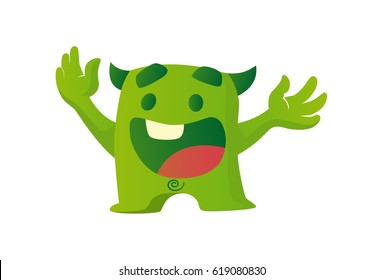 Cute Green Monster Happy. Vector Illustration. Isolated on white background.