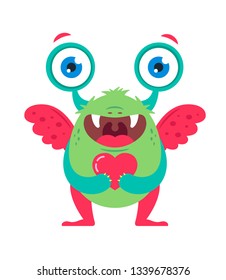 cute green monster with a heart in his hands waiting for a loved one. vector illustration of a character in full growth. St. Valentine's Day.