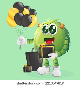 Cute green monster holding gift box celebrate black Friday. Perfect for kids, small business or e-Commerce, merchandise and sticker, banner promotion, blog or vlog channel
