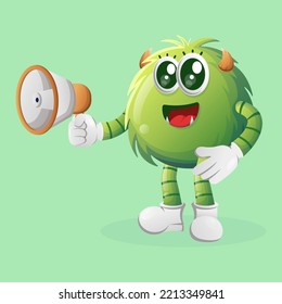 Cute green monster holding megaphone. Perfect for kids, small business or e-Commerce, merchandise and sticker, banner promotion, blog or vlog channel
