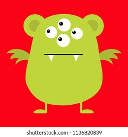 Cute green monster icon. Happy Halloween. Cartoon colorful scary funny character. Eyes, ears, wings. Funny baby collection. Red background Isolated. Flat design. Vector illustration