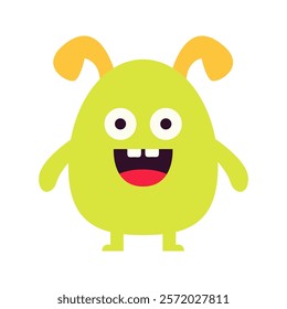 Cute green monster icon. Happy Halloween. Cartoon kawaii funny boo character. Colorful silhouette monsters. Funny face. Eyes, teeth ears, hands. Flat design. Childish style. White background. Vector