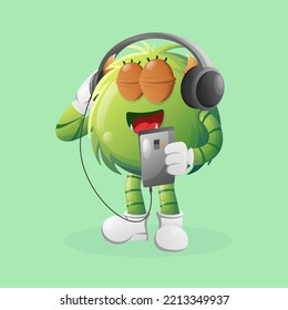 Cute green monster listening music on a smartphone using a headphone. Perfect for kids, small business or e-Commerce, merchandise and sticker, banner promotion, blog or vlog channel
