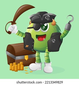 Cute green monster pirate character. Perfect for kids, small business or e-Commerce, merchandise and sticker, banner promotion, blog or vlog channel
