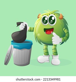 Cute green monster placing reusable waste into garbage can. Perfect for kids, small business or e-Commerce, merchandise and sticker, banner promotion, blog or vlog channel
