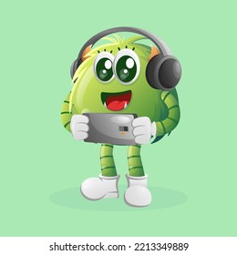Cute green monster playing game mobile, wearing headphones. Perfect for kids, small business or e-Commerce, merchandise and sticker, banner promotion, blog or vlog channel

