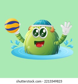 Un monstruo verde lindo jugando al waterpolo. Perfecto para niños, pequeñas empresas o comercio electrónico, mercadería y pegatinas, promoción de banners, blog o canal de vlog
